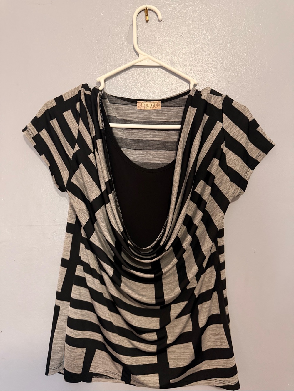 Lavish Black and Gray Geometric Cowl-Neck Tunic